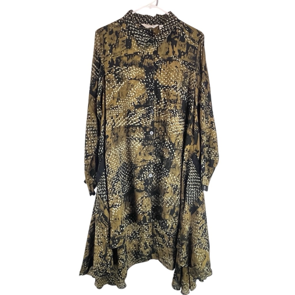 LYNG Long Tunic Dress Batik Print Handkerchief Hem Pockets Art-to-Wear Sz M/L